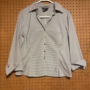 VTG Y2K Button Front Shirt‎ Large Gray Striped Pintuck Pleated 3/4 Sleeve Blouse